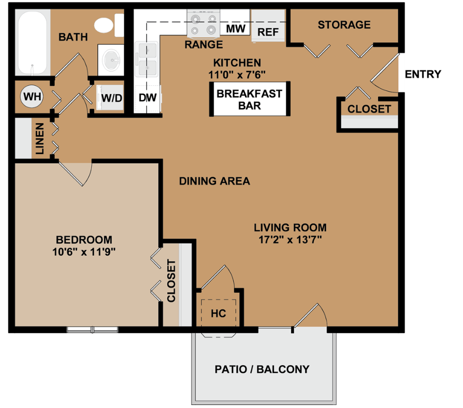 Floor plan for 1 bed, 1 bath, 696 sqft